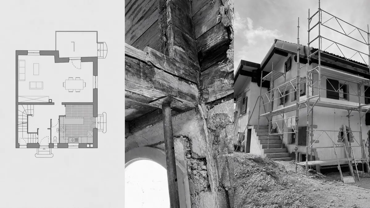 Plan d'étage, structure ancienne mise à nu, chantier de rénovation d'un chalet à Vercorin